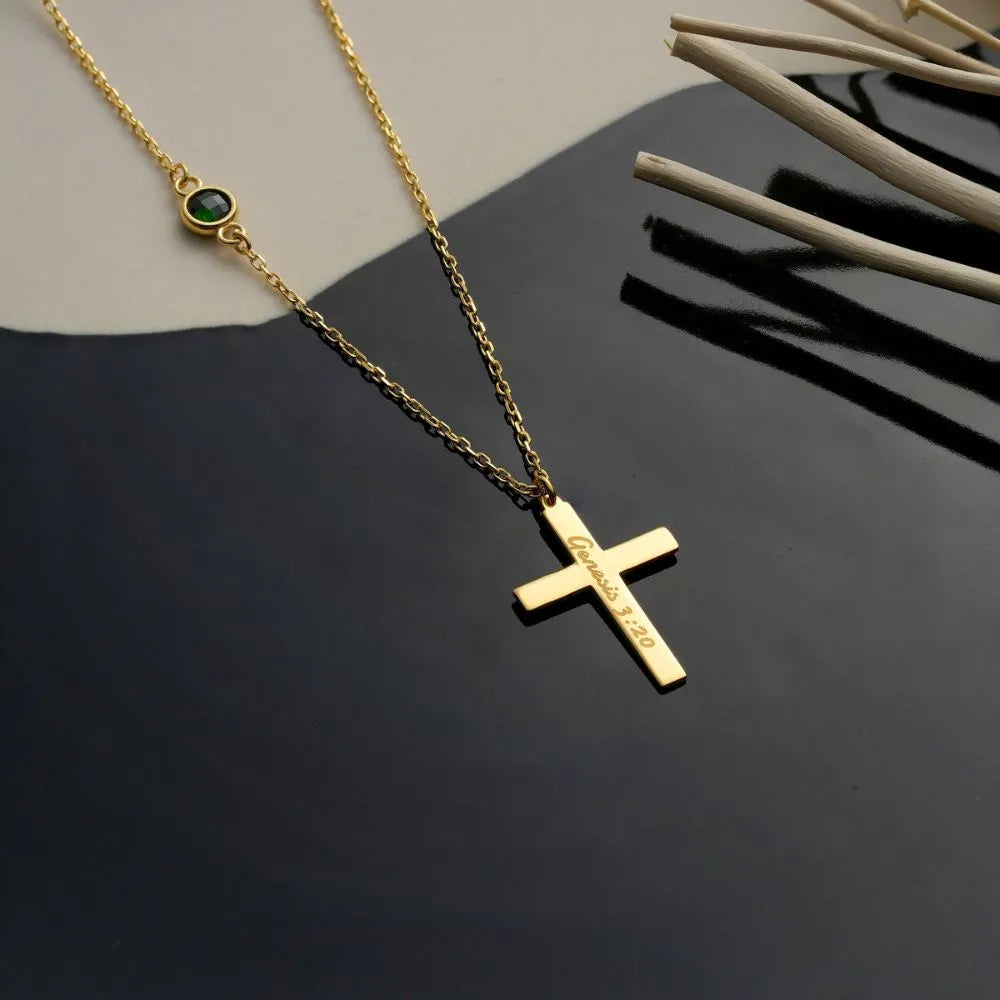Personalized Cross Necklace with Birthstone