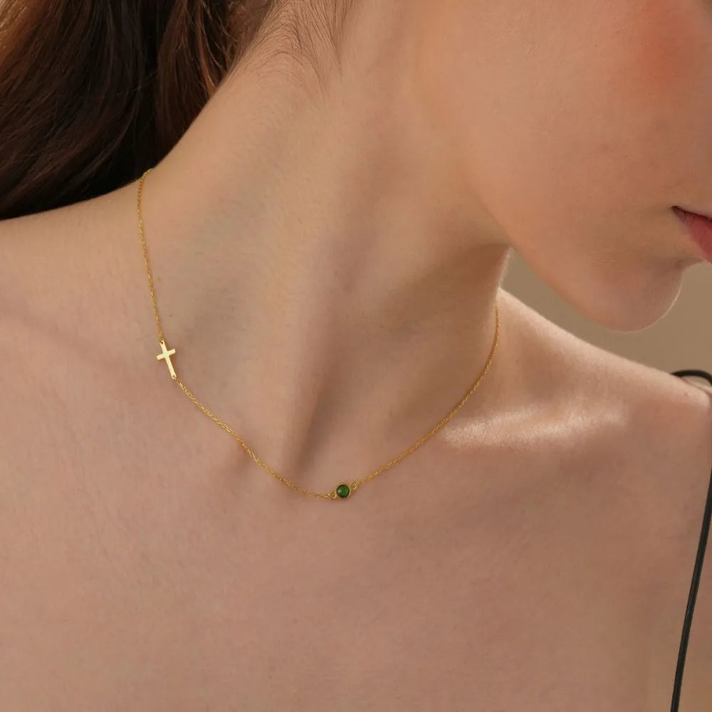 Side Cross Birthstone Necklace