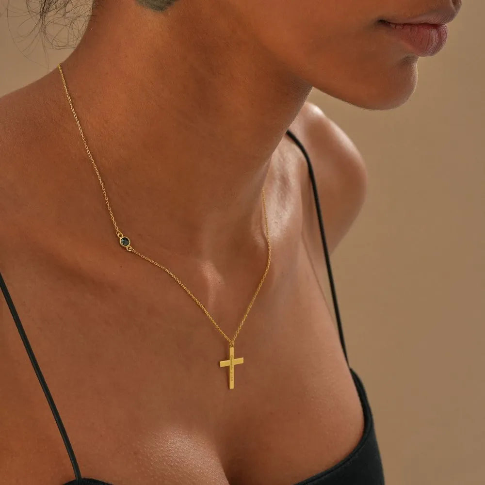 Personalized Cross Necklace with Birthstone