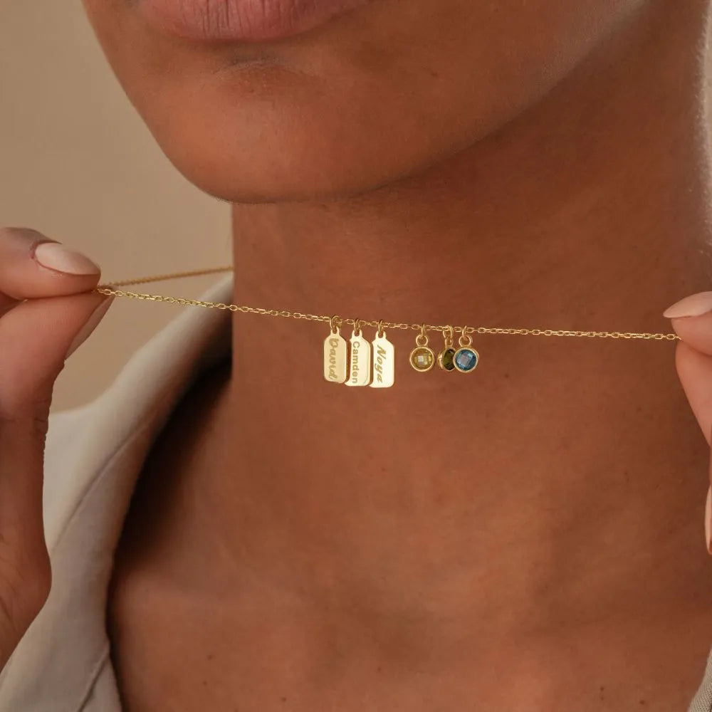 Personalized Name Tag Necklace with Birthstone
