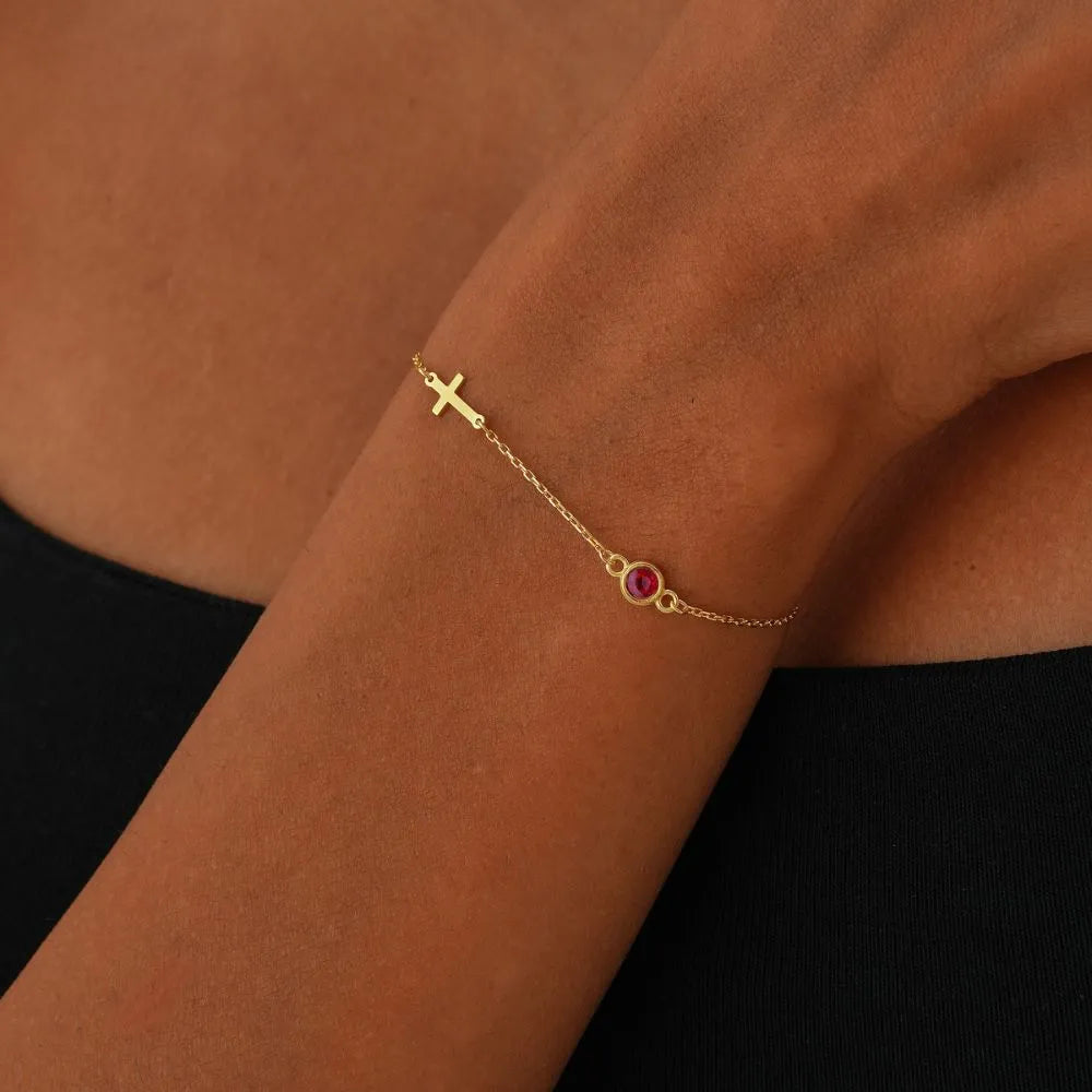 Side Cross Birthstone Bracelet