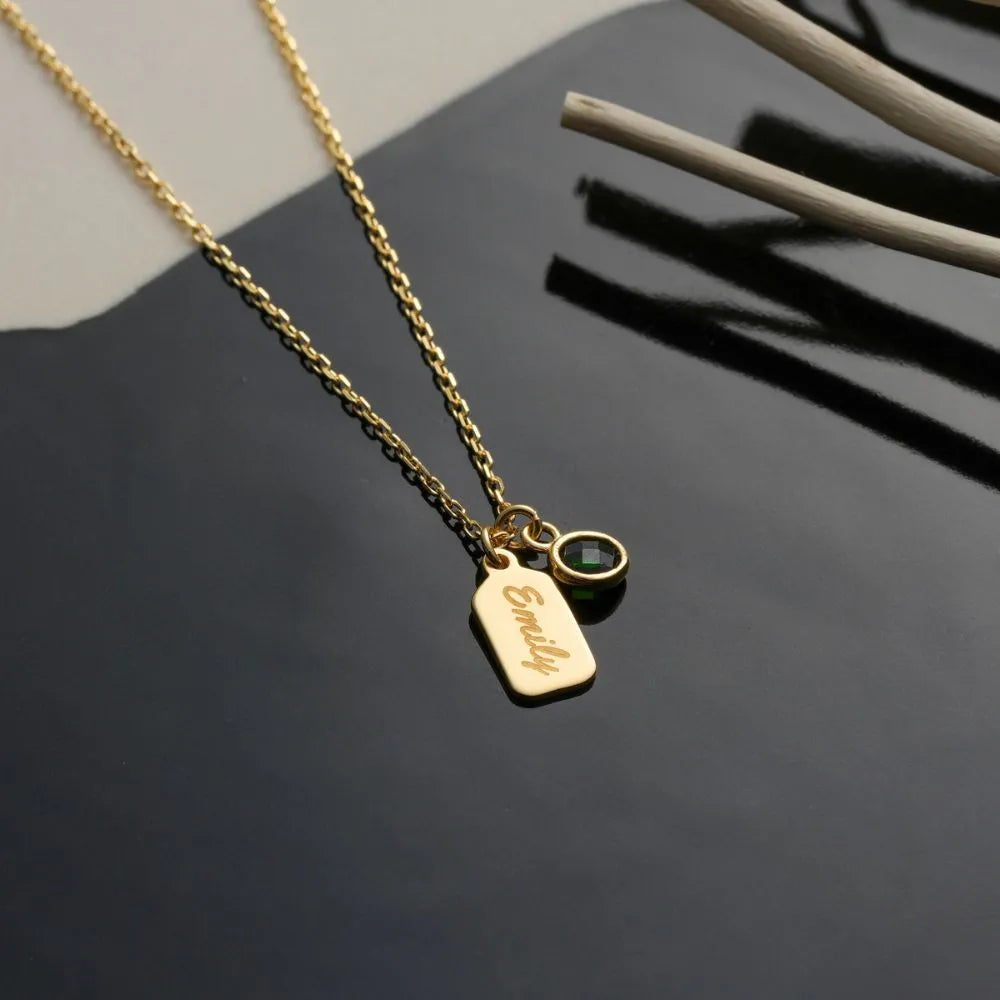 Personalized Name Tag Necklace with Birthstone
