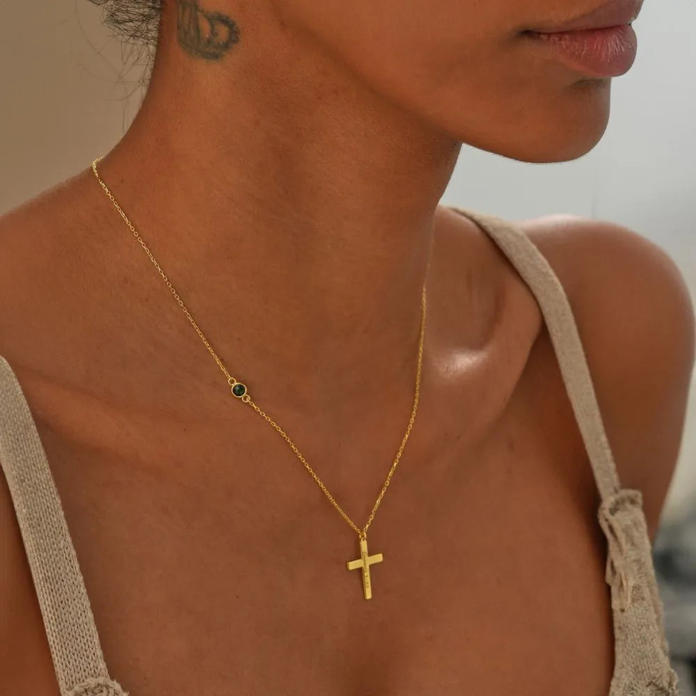 Personalized Cross Necklace with Birthstone