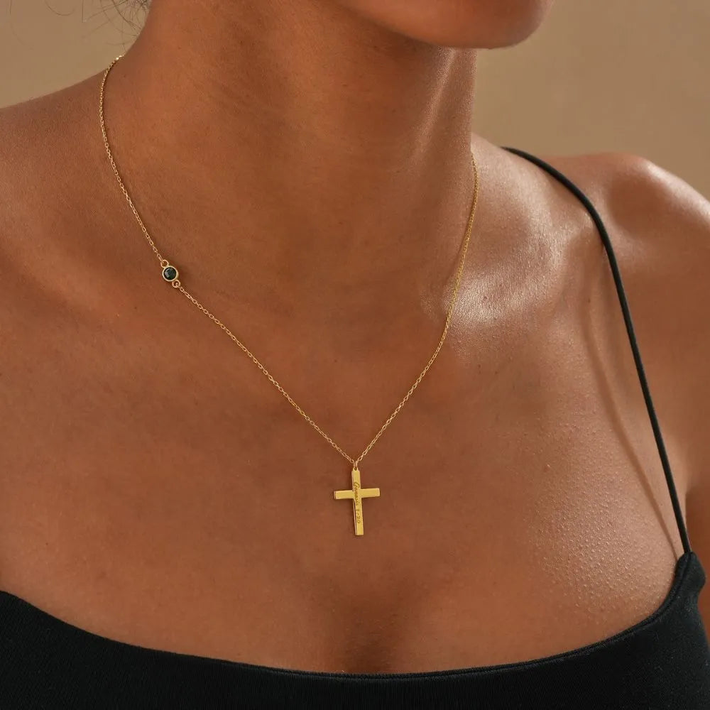 Personalized Cross Necklace with Birthstone