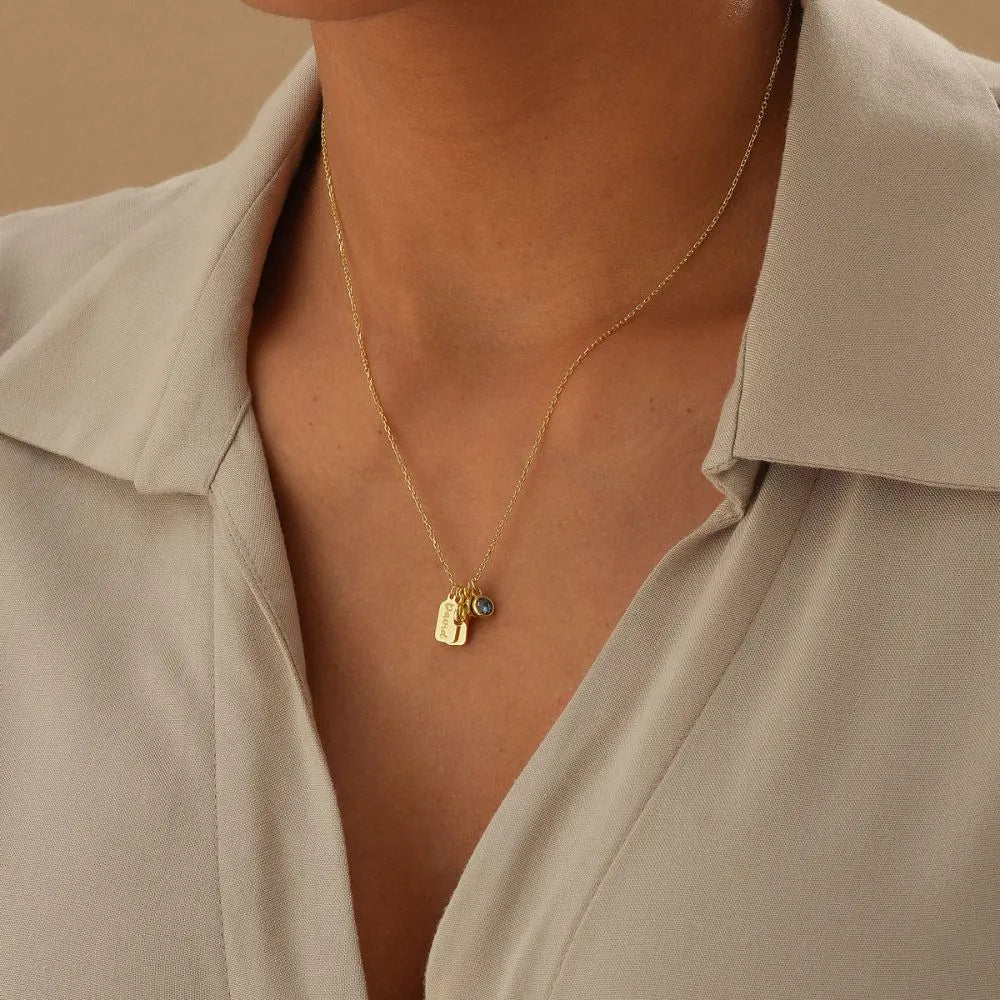 Personalized Name Tag Necklace with Birthstone