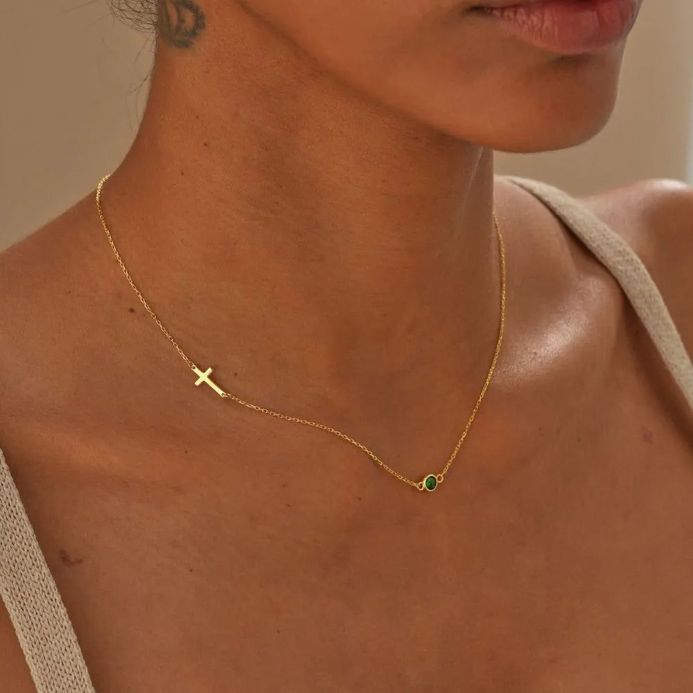 Side Cross Birthstone Necklace